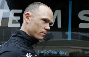 Chris Froome at the Team Sky bus nicknamed the 'Death Star' in Normandy