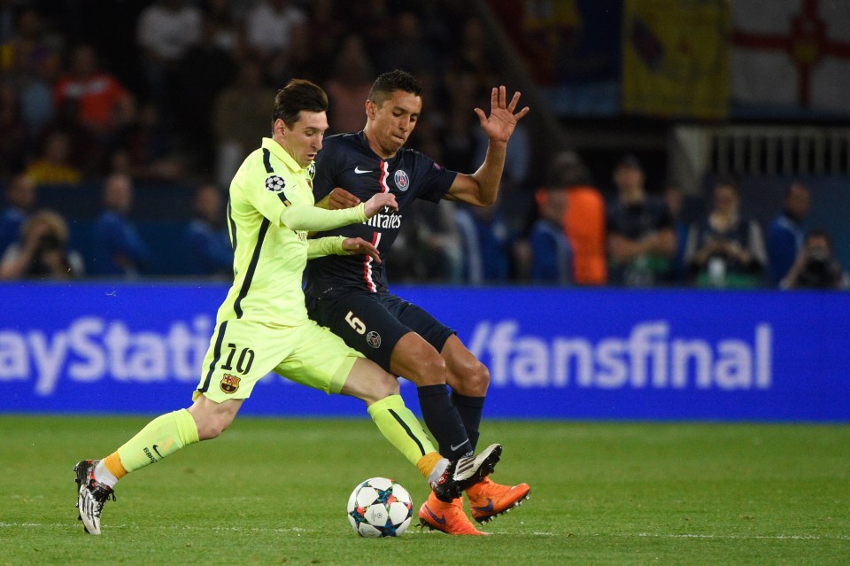 Barcelona's Argentinian forward Lionel Messi (L) vies with Paris Saint-Germain's Brazilian defender Marquinhos during the UEFA Champions league quarter-final first leg football match PSG vs FC Barcelona at the Parc des Princes stadium in Paris on April 15, 2015. AFP PHOTO / MARTIN BUREAU (Photo credit should read MARTIN BUREAU/AFP/Getty Images)