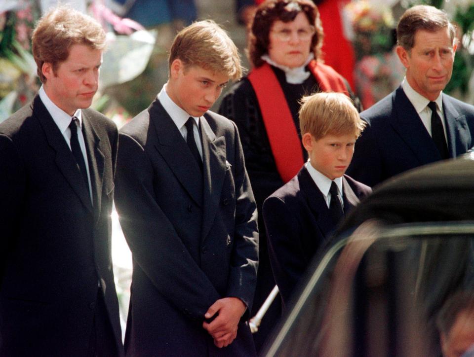 Earl Spencer, Princes William, Harry and Charles at Princess Diana's funeral in 1997