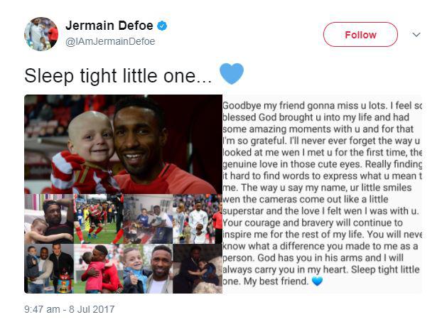  Jermain Defoe said Bradley was his "best friend" and posted an emotional message when the youngster passed away