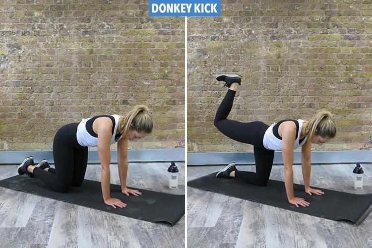  On all fours, kick your leg up to the ceiling, maintaining a 90 degree angle at the knee