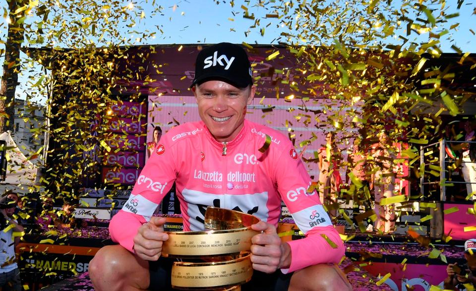  Chris Froome celebrates after winning the Giro d'Italia