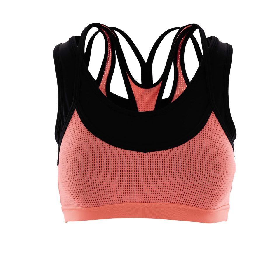  Bag a bargain with this peachy athleisure sports bra in black and coral