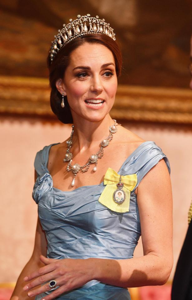 The bejewelled Duchess of Cambridge at the banquet held to mark the state visit of the Dutch royal family