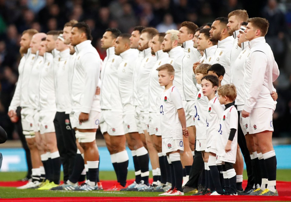  England players sing the national anthem before their draw with Scotland at Twickenham