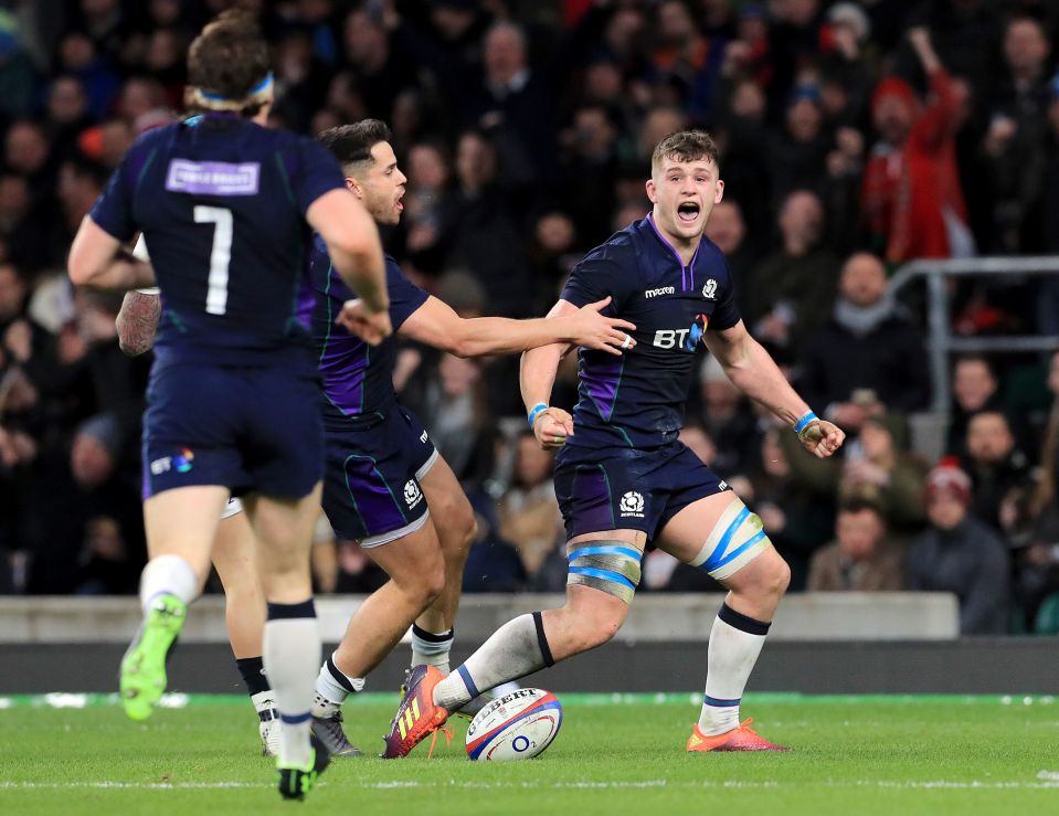  Scotland celebrate a try as they staged a dramatic fightback at Twickenham
