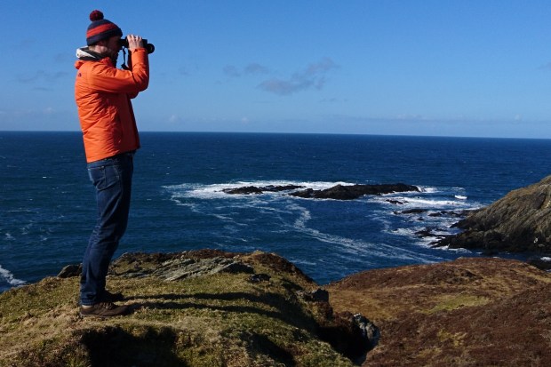 Person using binoculars overlooking the ocean from a cliff.
