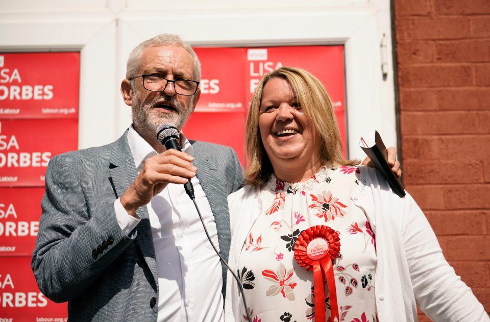 Labour Party leader Jeremy Corbyn and the party's winning parliamentary candidate Lisa Forbes