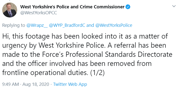 The force's Police and Crime Commissioner confirmed the officer has been removed from frontline operational duties 