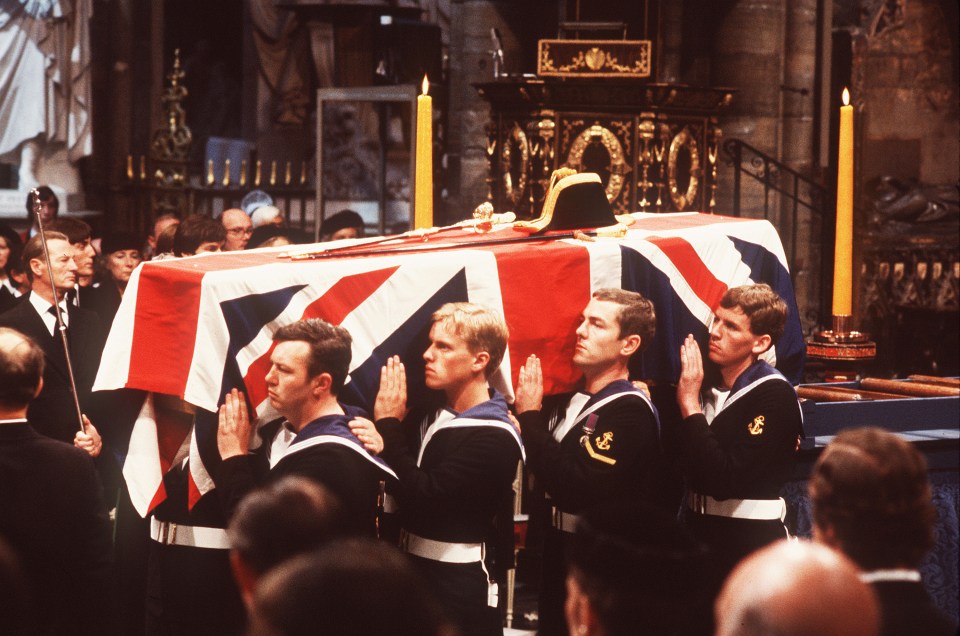 The coffin of Earl Mountbatten is carried in Westminster Abbey after the service