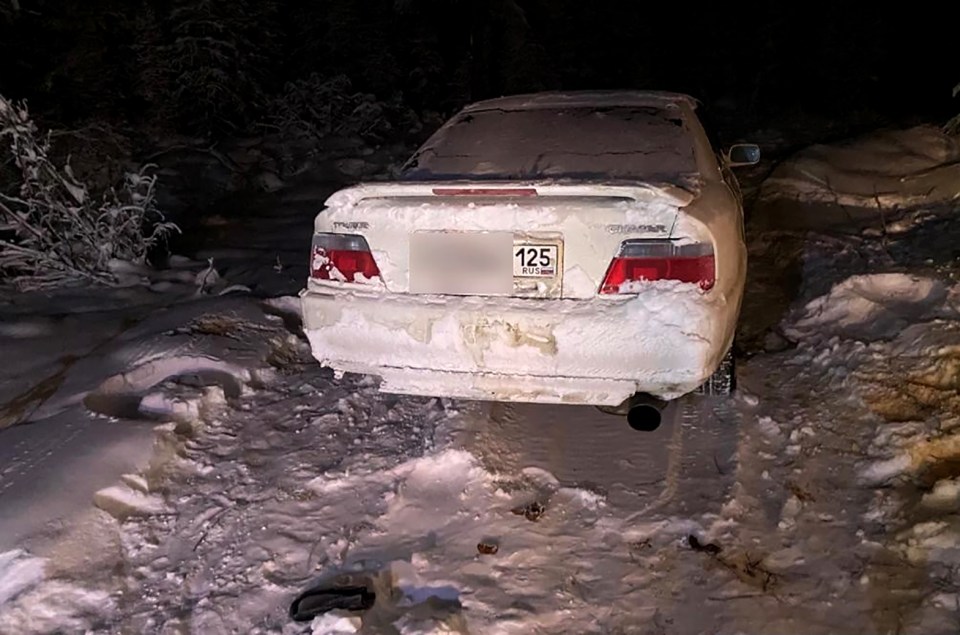 The car got stranded after hitting a wooden spike