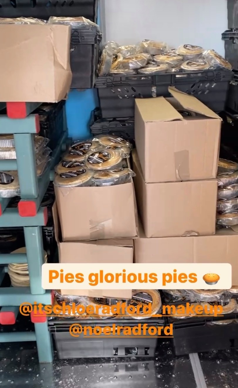 The Radford posted on Instagram showing crates packed full of pies stretching from their floor to the ceiling