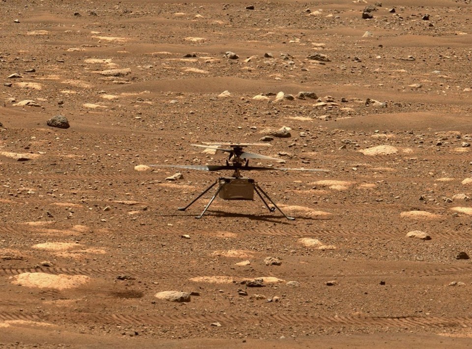 An image of Ingenuity captured by the Mastcam-Z imager aboard Nasa's Perseverance Mars rover on April 8
