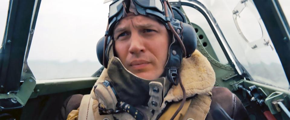 Tom Hardy in the cockpit of a fighter plane.