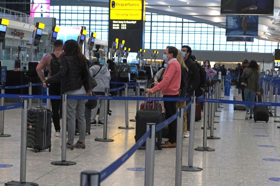 Queues at Heathrow Airport this morning as the ban on foreign travel was lifted