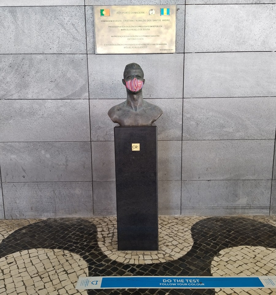 The famous footballer's statue was given a Covid upgrade
