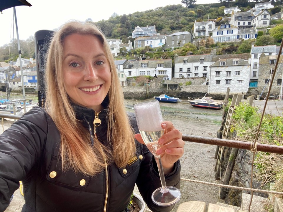 Georgette relaxes with some bubbles on the Cornish coast