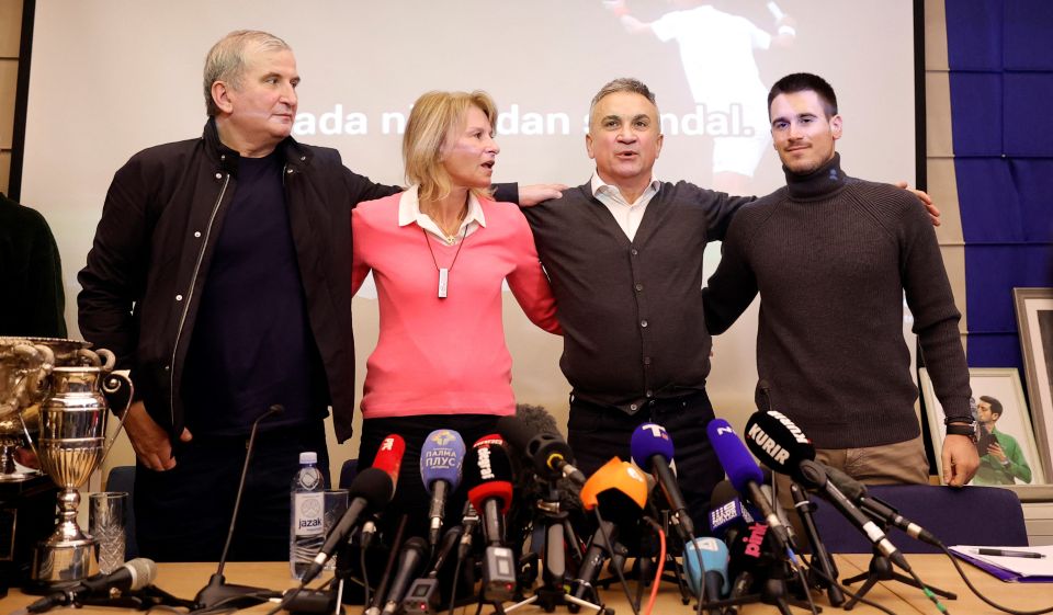 Djokovic's uncle, mum, dad and brother (L-R) at today's press conference