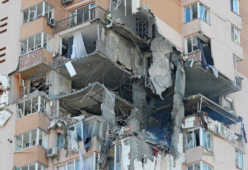 An apartment building damaged by recent attacks in Kyiv