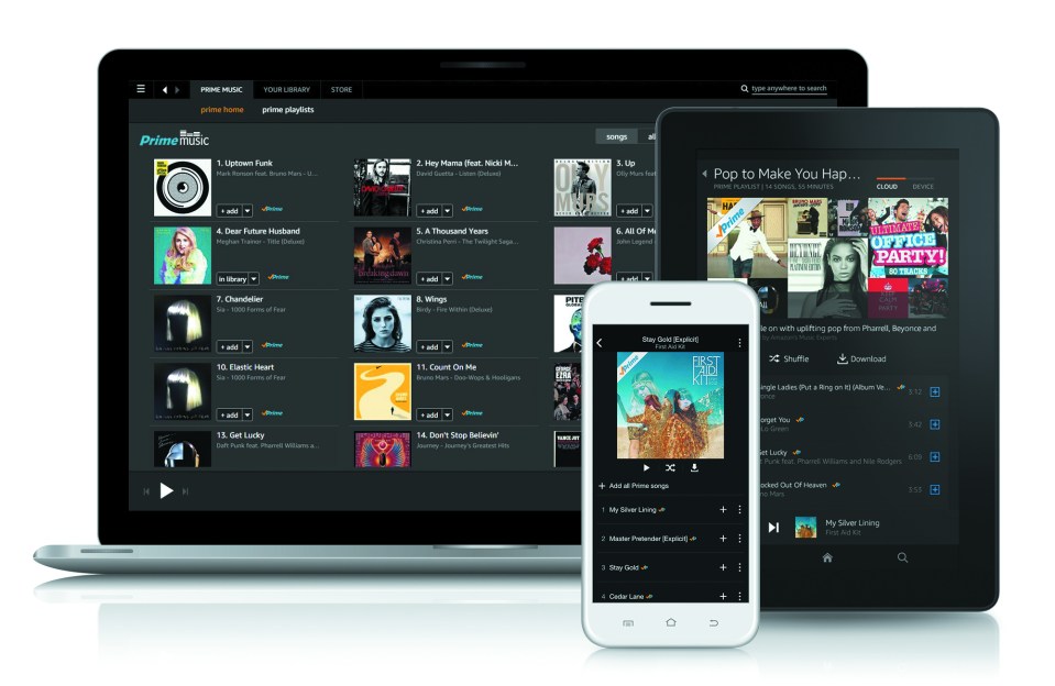 a laptop a tablet and a phone are displaying a music app called prime music