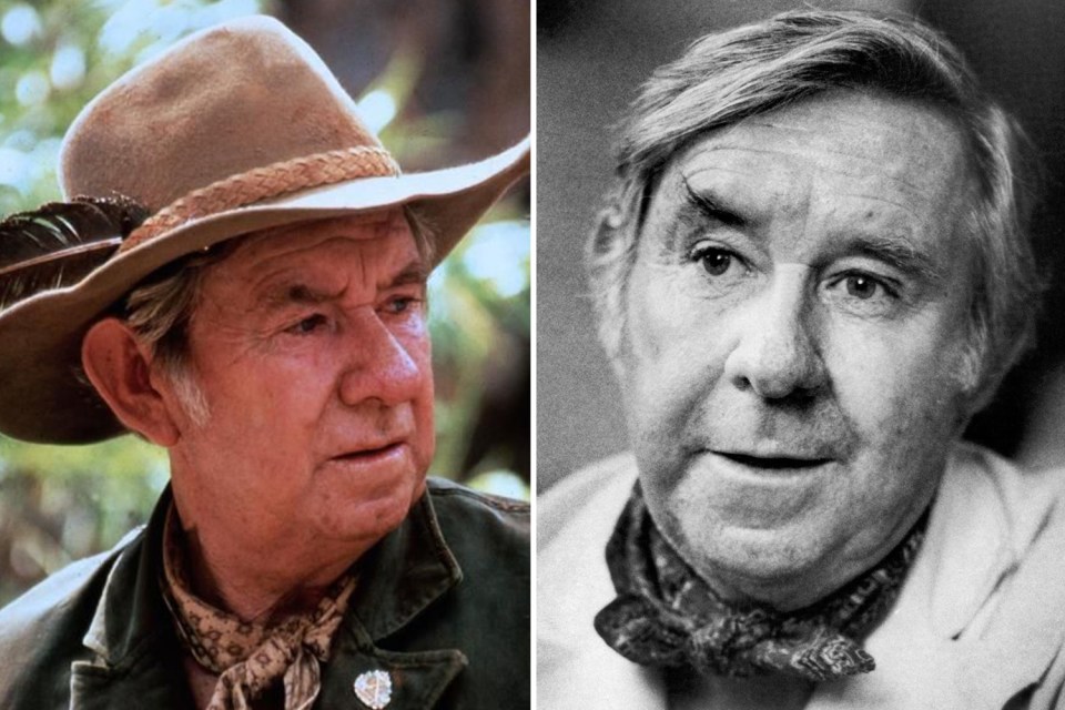 Split image showing actor in *Crocodile Dundee* and a later photo of him.