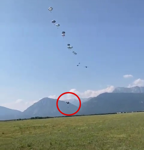 He almost hits the ground as his parachute fails to open