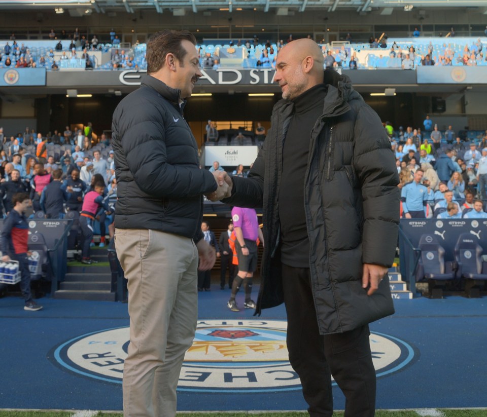 Ted Lasso star Jason Sudeikis with Manchester City boss Pep Guardiola