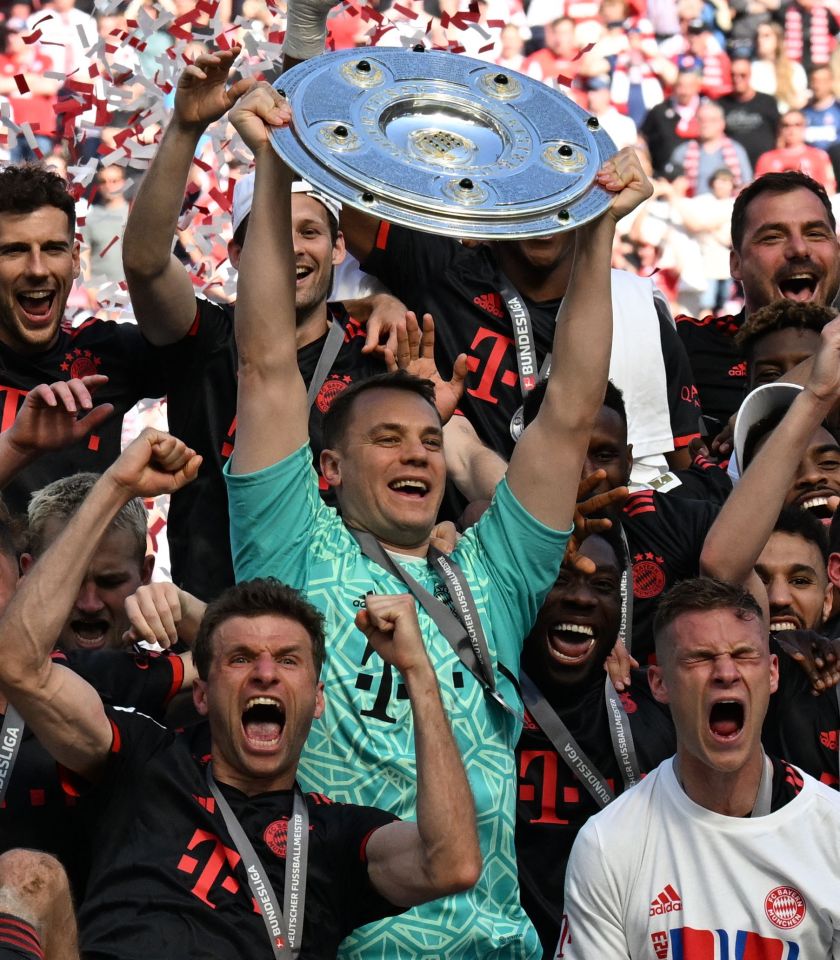 Crocked keeper Manuel Neuer, 37, and 33-year-old Thomas Muller lead Bayern's title celebrations as the only players to have won it 11 times in a row