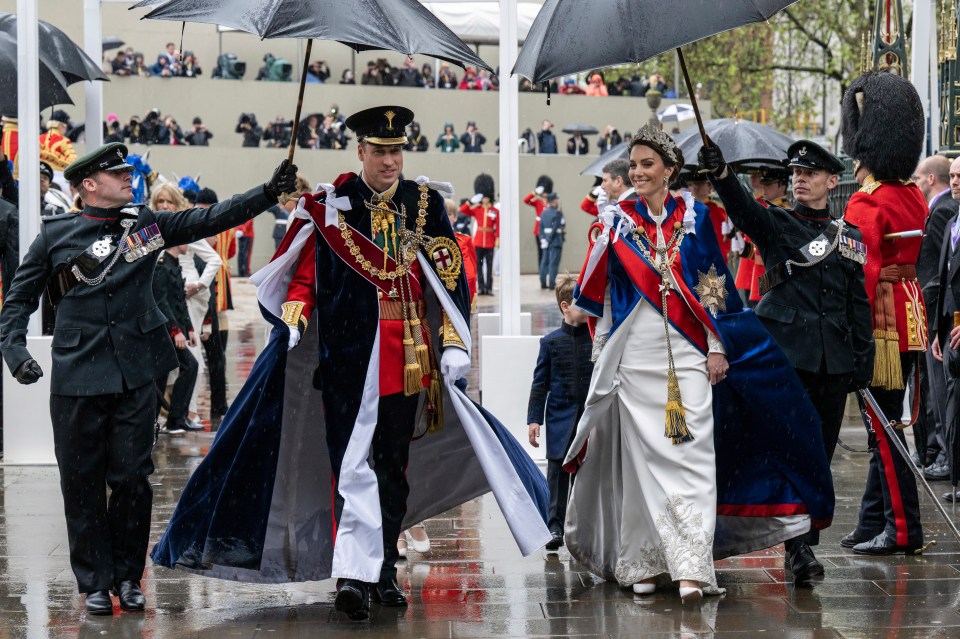 Ushered out of Westminster Abbey beneath giant umbrellas, William and Kate dazzled in a kaleidoscope of gold braid, deep blues, red and ivory
