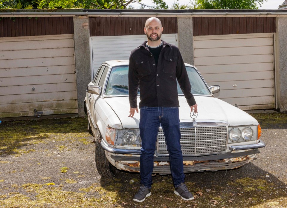 .08/6/23..Pilot Paul Wigginton from Crammond Edinburgh with Sean Connerys old Mercedes 300 SD W116 he owned the car for about 10 years. The car has been put up for sale as a barn find .
