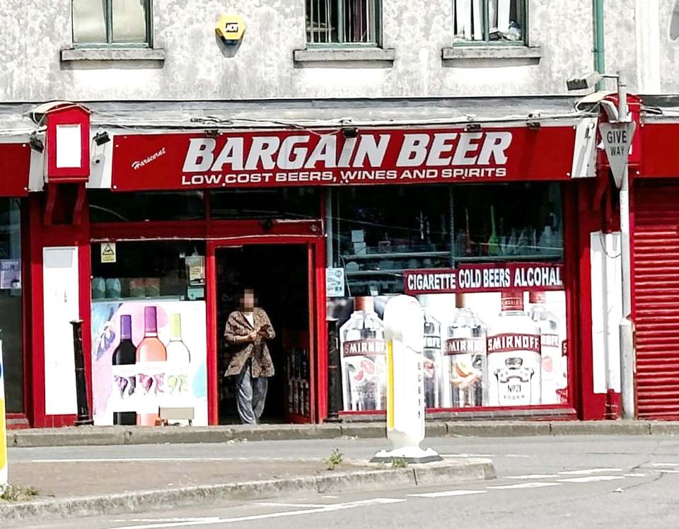Bargain Beer shop selling low-cost beers, wines, spirits, and cigarettes.