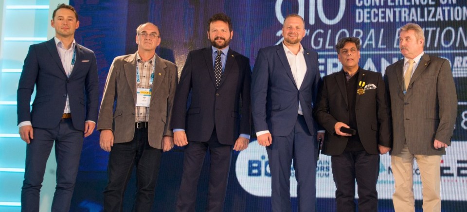 Walls and Jedlicka, middle two, at the 3rd anniversary of Liberland conference with the islands other important ministers