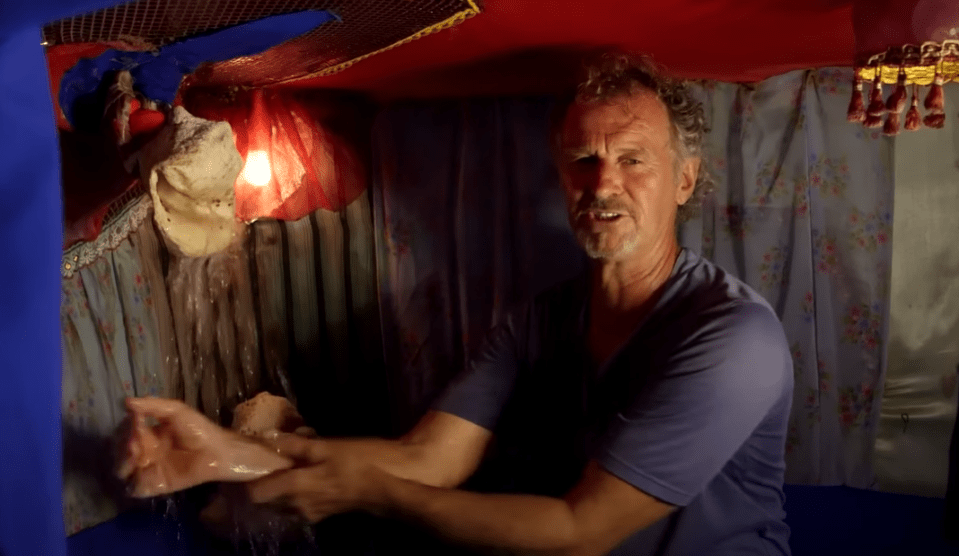 His shower is a conch shell, connected to rain water