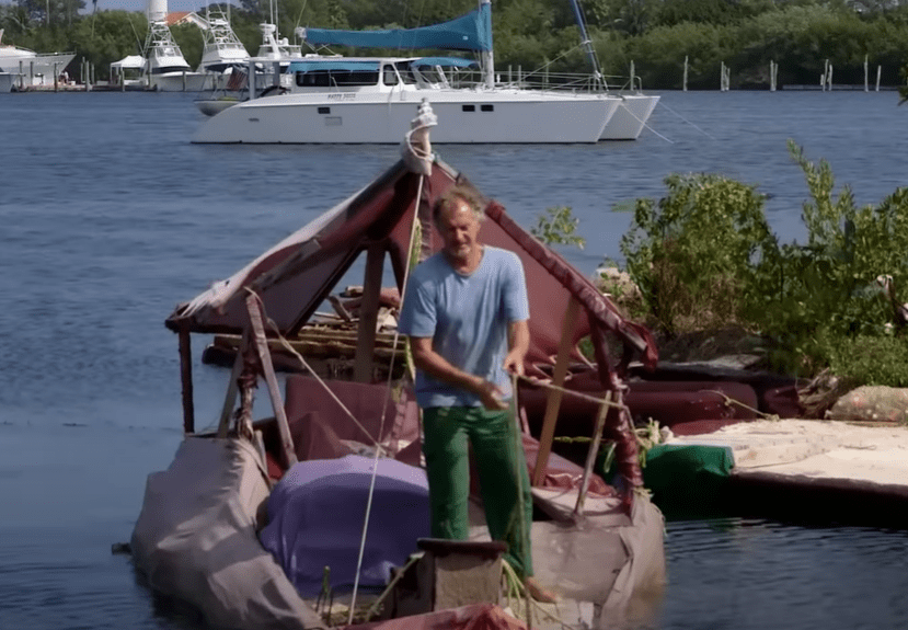 He even made a boat out of bottles to get to it