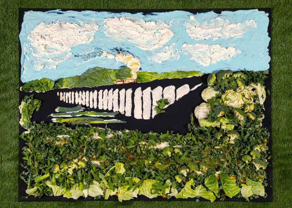 *** FREE FOR EDITORIAL USE ***.Yeo Valley Organic partners with food artist Nathan Wyburn to recreate the iconic UK landscape Ribblehead Viaduct in Yorkshire, made from Yeo Valley Organics Cream of Vegetable Soup, layered with organic British produce including cabbage, spiralised courgette, and finely sliced mint and thyme.