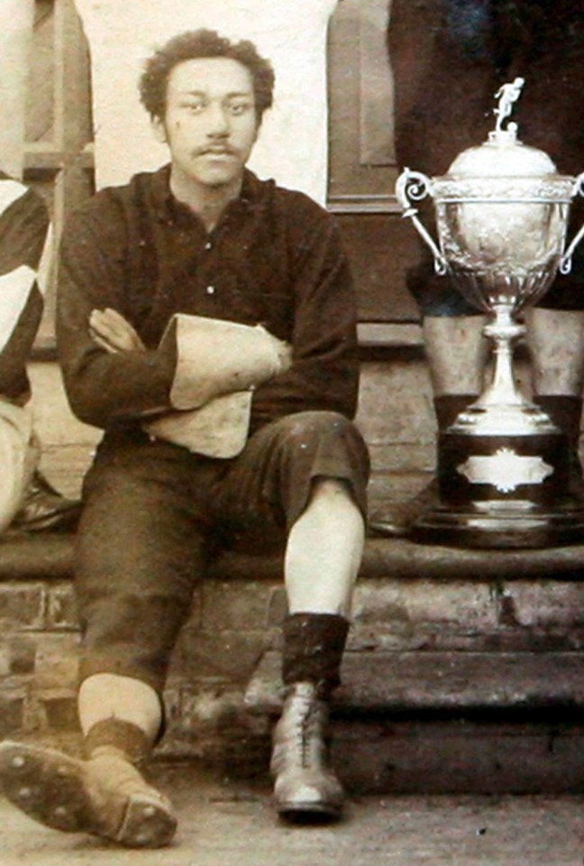 Dated: 17/07/2021 The Arthur Wharton Foundation, dedicated to the first ever black professional footballer, has been vandalised racist graffiti in Darlington, County Durham. Pictured is Arthur Wharton with the Cleveland Cup after Darlington's victory in 1887. See story North News