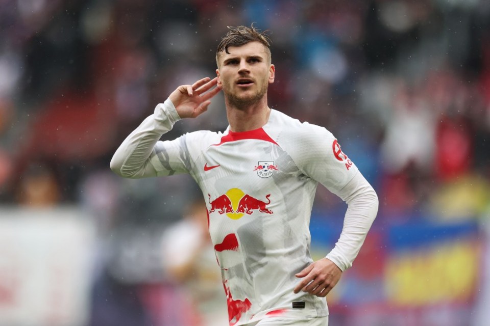 LEIPZIG, GERMANY - APRIL 15: Timo Werner of RB Leipzig celebrates after scoring the team's third goal during the Bundesliga match between RB Leipzig and FC Augsburg at Red Bull Arena on April 15, 2023 in Leipzig, Germany. (Photo by Maja Hitij/Getty Images)