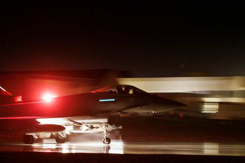 A Royal Air Force Typhoon jet takes off to carry out strikes against Houthi military targets in Yemen