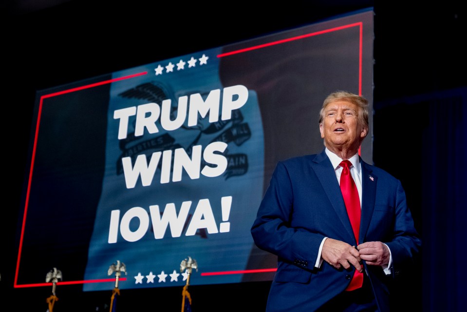 Republican presidential candidate Donald Trump speaks at a caucus night party in Des Moines, Iowa, Monday, Jan. 15, 2024