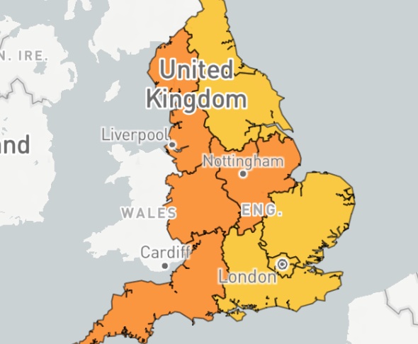 Amber alerts have also been issued for about half of England, with yellow for the rest
