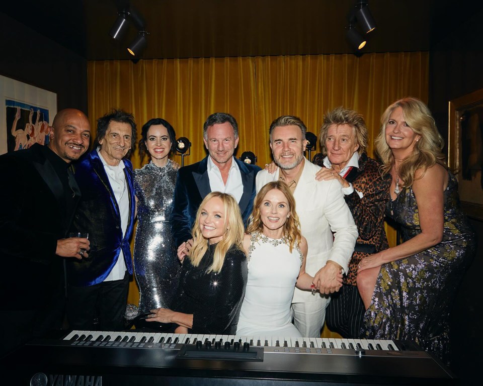 Emma Bunton, Gary Barlow, Rod Stewart, Geri Horner and Ronnie Wood sing at Christian Horner's 50th birthday party