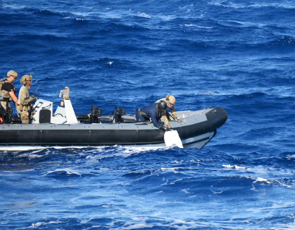 Recovery of drug bales. See SWNWS story SWMRdrugs. A Royal Navy warship seized ¿290.66m of cocaine and narcotics in "two huge blows" to drug runners in the Caribbean. British sailors, Royal Marines and a US Coast Guard team on HMS Trent intercepted a suspected smuggling speedboat south of the US Virgin Islands. The Royal Navy said: "The smugglers began jettisoning their illegal cargo as they fled towards land, but Trent, her fast sea boats and an American patrol aircraft gave chase ¿ eventually recovering 94 bales of class-a narcotics, weighing 2,757kg and worth ¿220.56m."