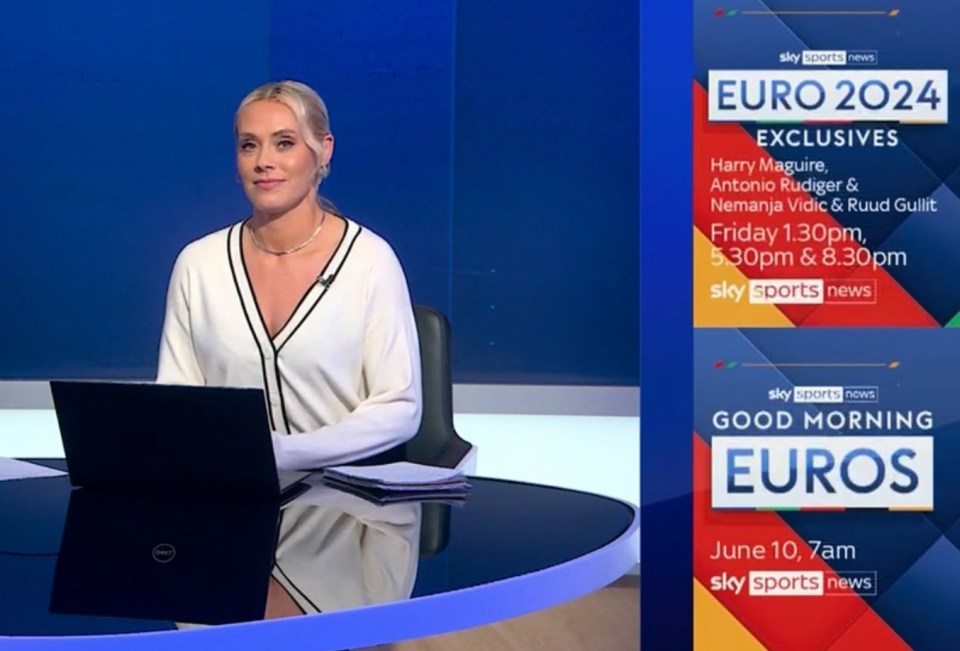 This week she wore a white v-neck cardigan while on Sky Sports News