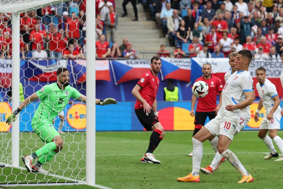 Czech Republic's forward #10 Patrik Schick (R) controls the ball before scoring his team's first goal during the UEFA Euro 2024 Group F football match between Georgia and the Czech Republic at the Volksparkstadion in Hamburg on June 22, 2024. (Photo by Ronny HARTMANN / AFP) (Photo by RONNY HARTMANN/AFP via Getty Images)