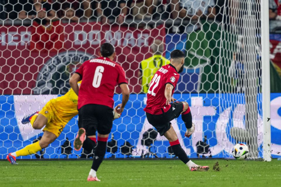 GELSENKIRCHEN, GERMANY - JUNE 26: Georges Mikautadze of Georgia scores his team's second goal per penalty during the UEFA EURO 2024 group stage match between Georgia and Portugal at Arena AufSchalke on June 26, 2024 in Gelsenkirchen, Germany. (Photo by Edith Geuppert - GES Sportfoto/Getty Images)