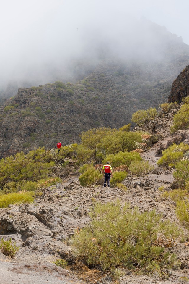a man in a red shirt stands on a rocky hillside