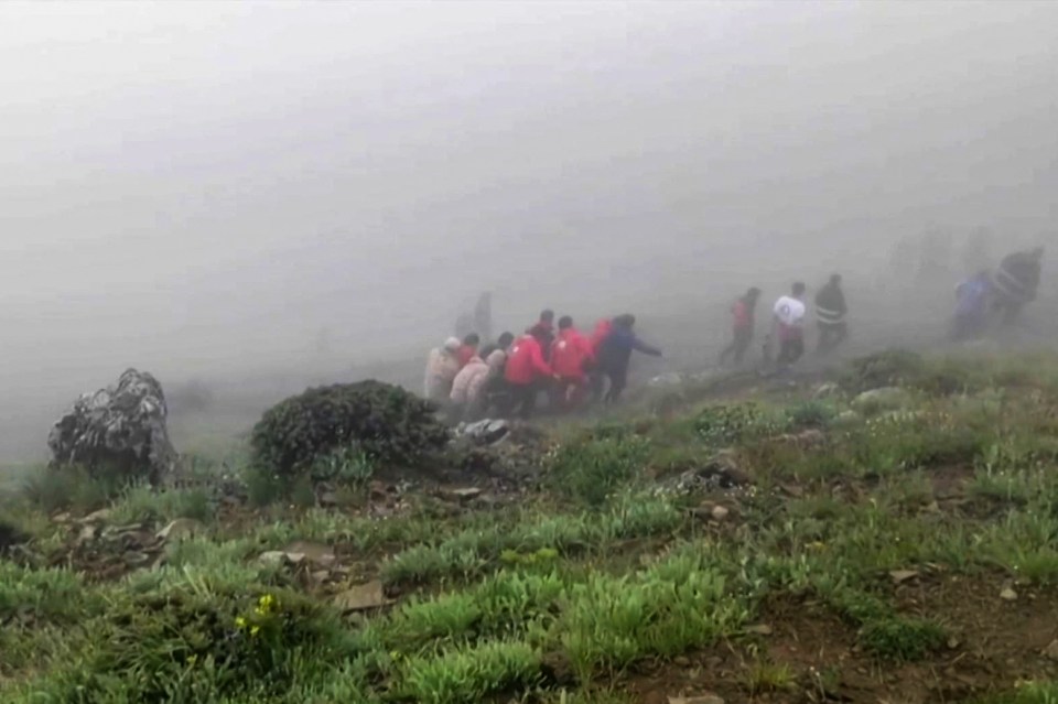 a group of people are walking through a foggy field