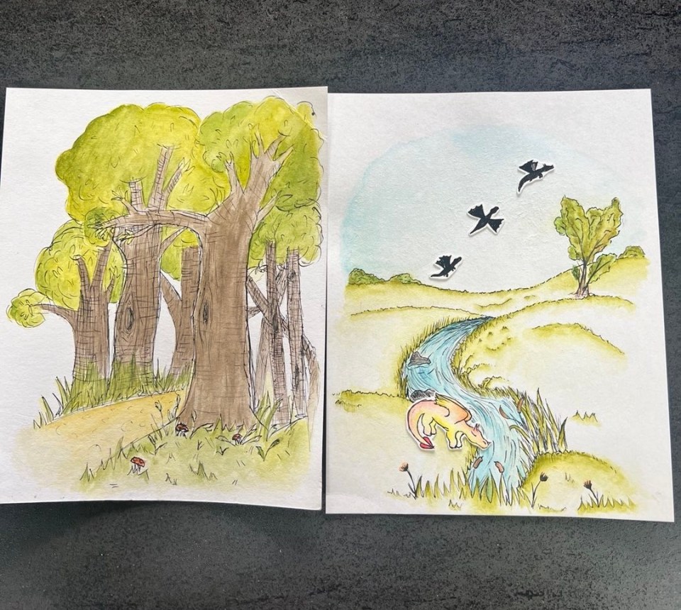 a drawing of a forest and a drawing of birds flying over a river
