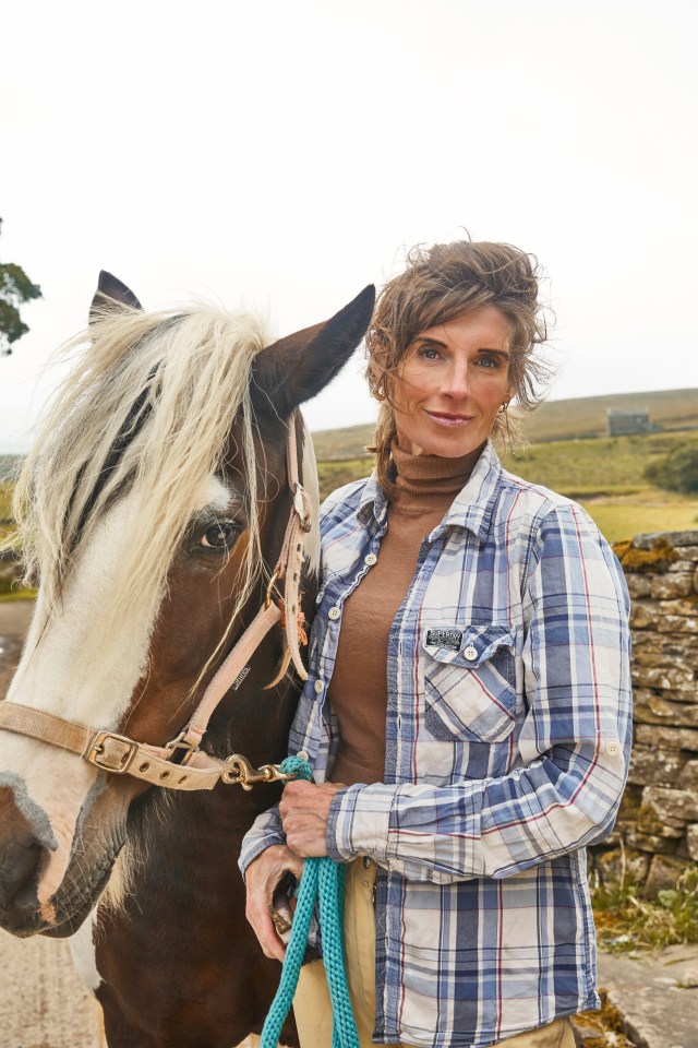 a woman in a plaid shirt stands next to a brown and white horse