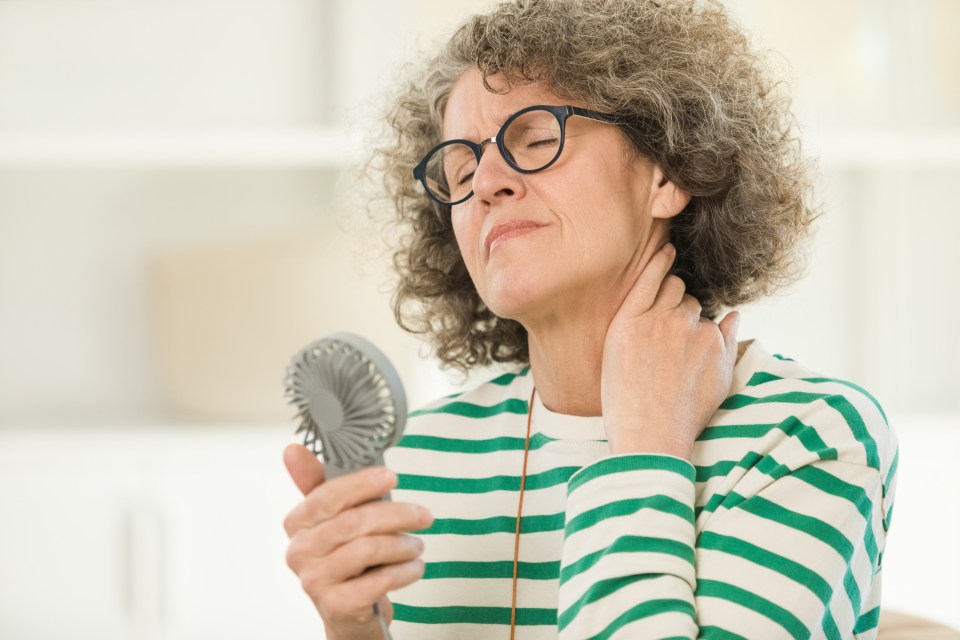 an older woman wearing glasses is holding a small fan